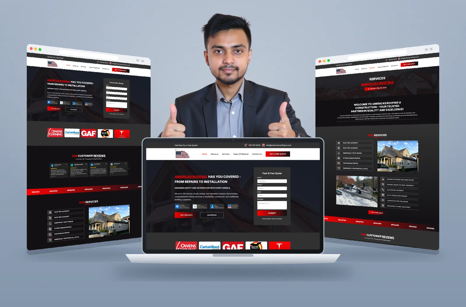 Americas Roofing website shown on laptop and browser mockups