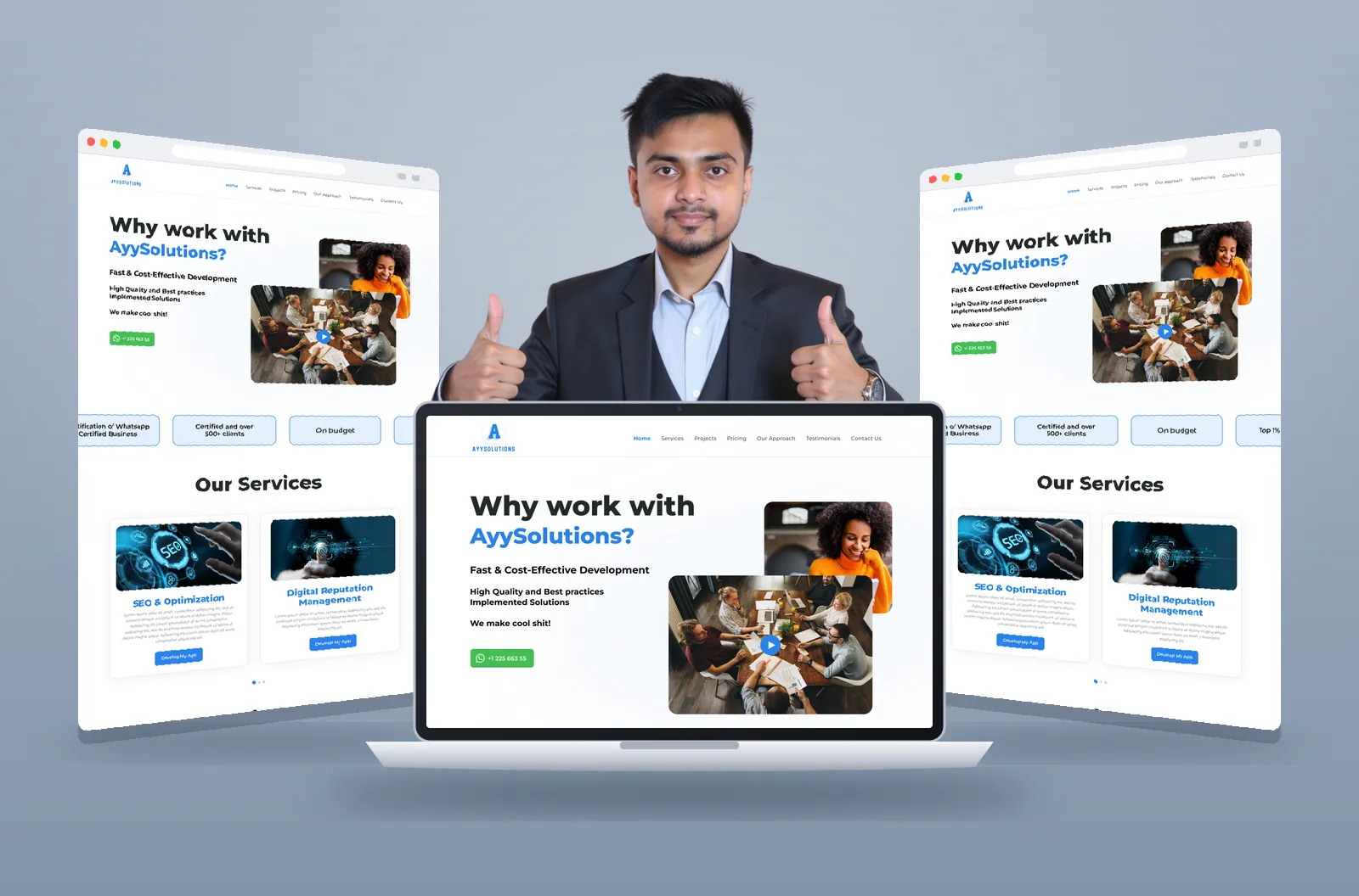 AyySolutions website shown on laptop and browser mockups