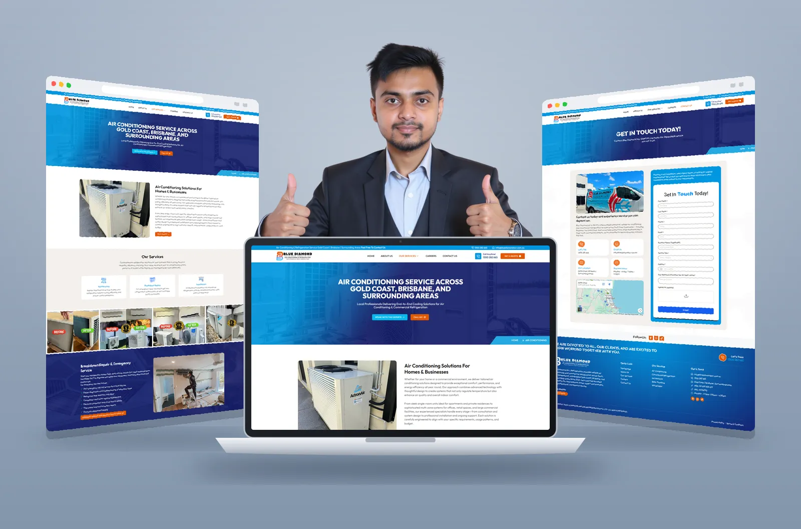 Blue Diamond Air & Refrigeration website shown on laptop and browser mockups