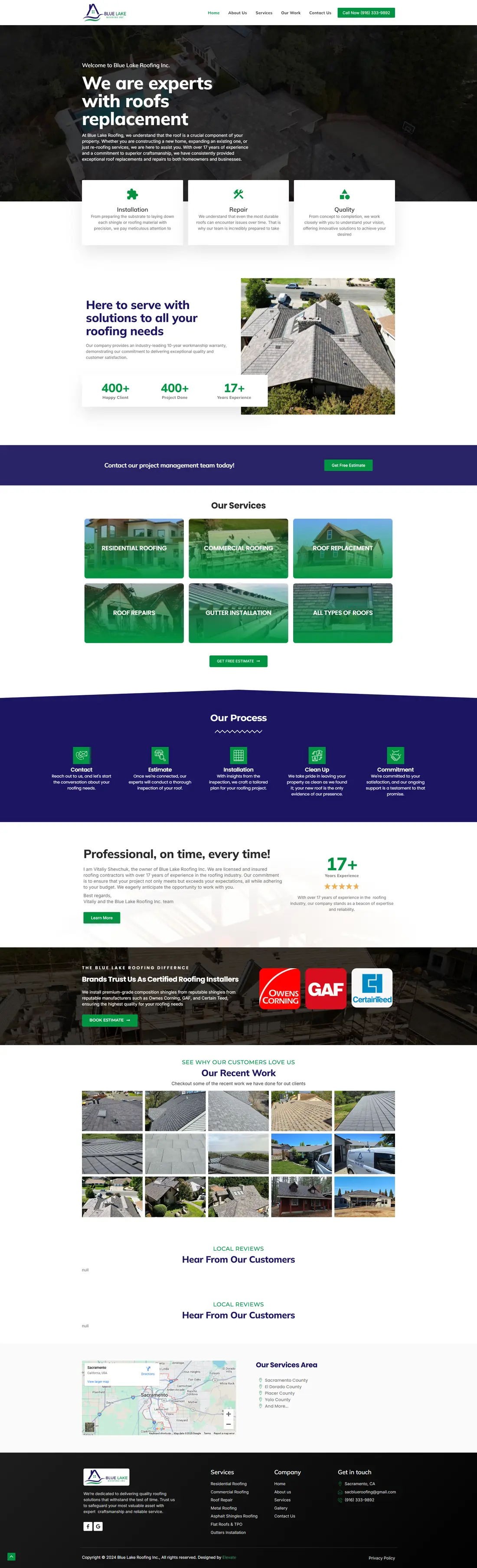 Blue Lake Roofing — Homepage page design