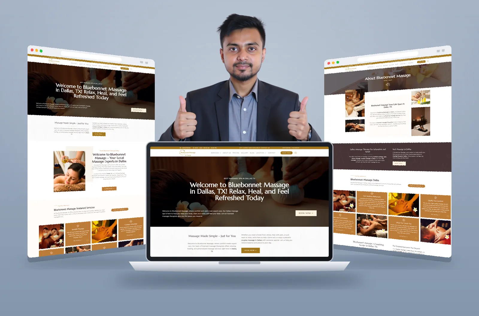 Bluebonnet Massage website shown on laptop and browser mockups
