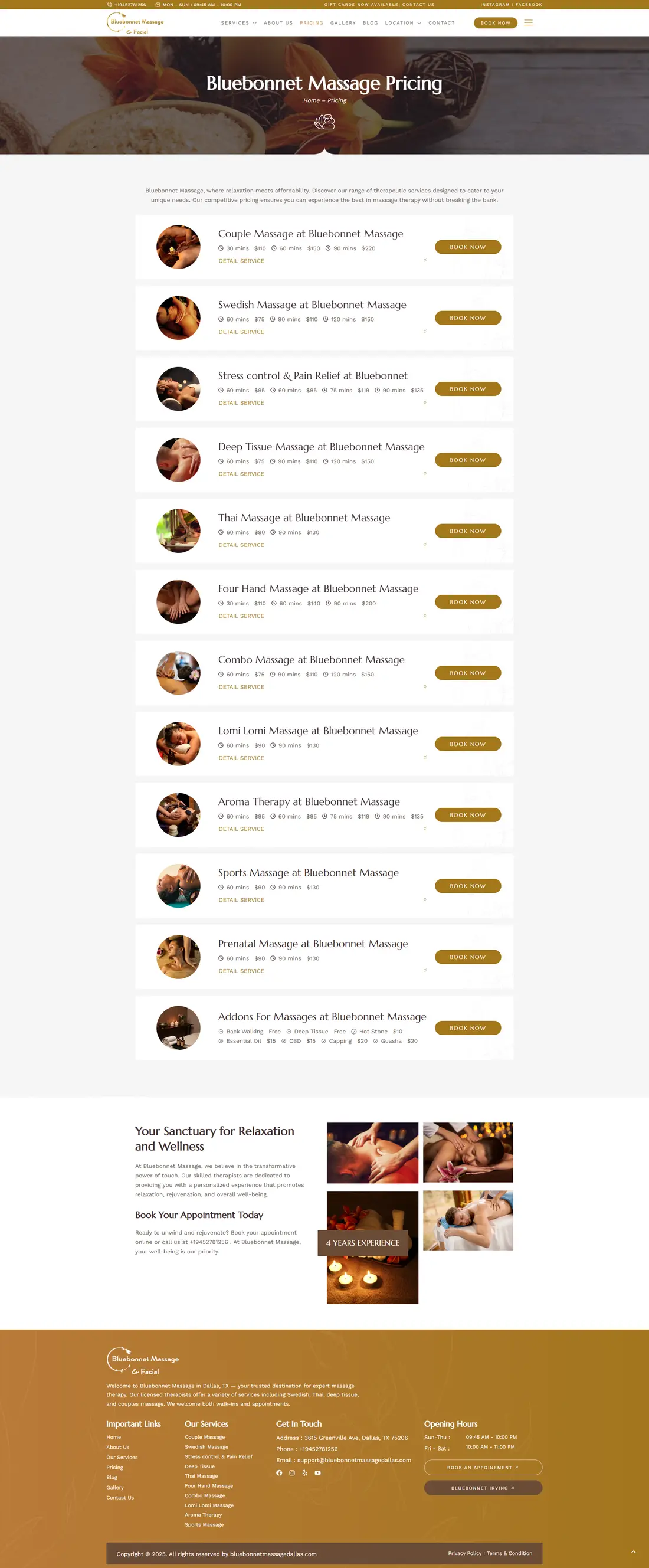 Bluebonnet Massage — Pricing page design
