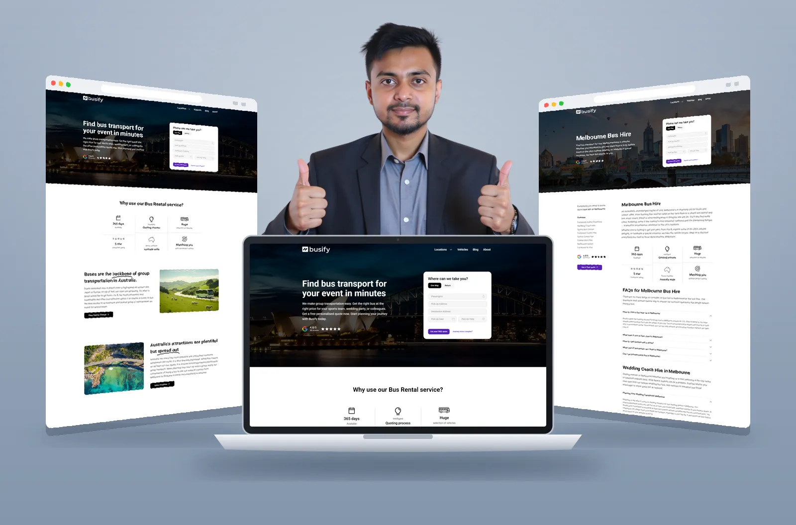 Busify website shown on laptop and browser mockups