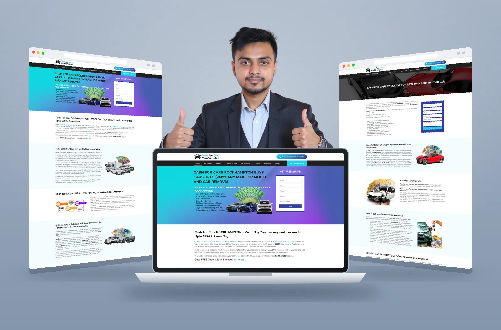 Cash For Cars Rockhampton website shown on laptop and browser mockups