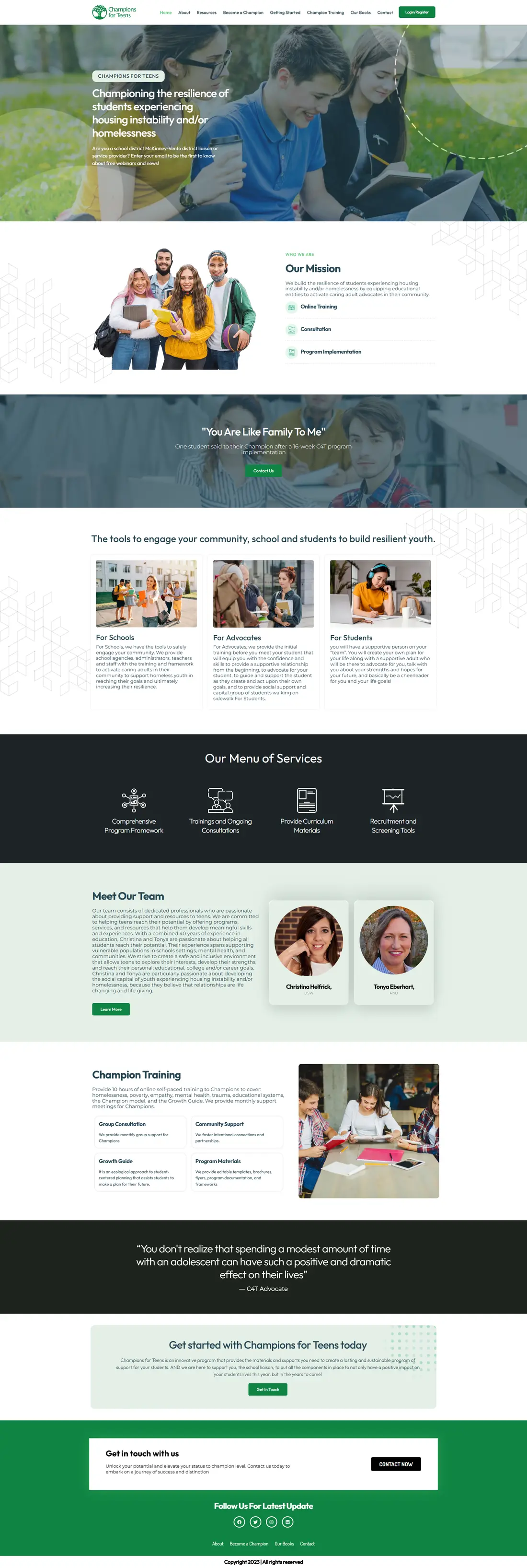 Champions4Teens — Homepage page design