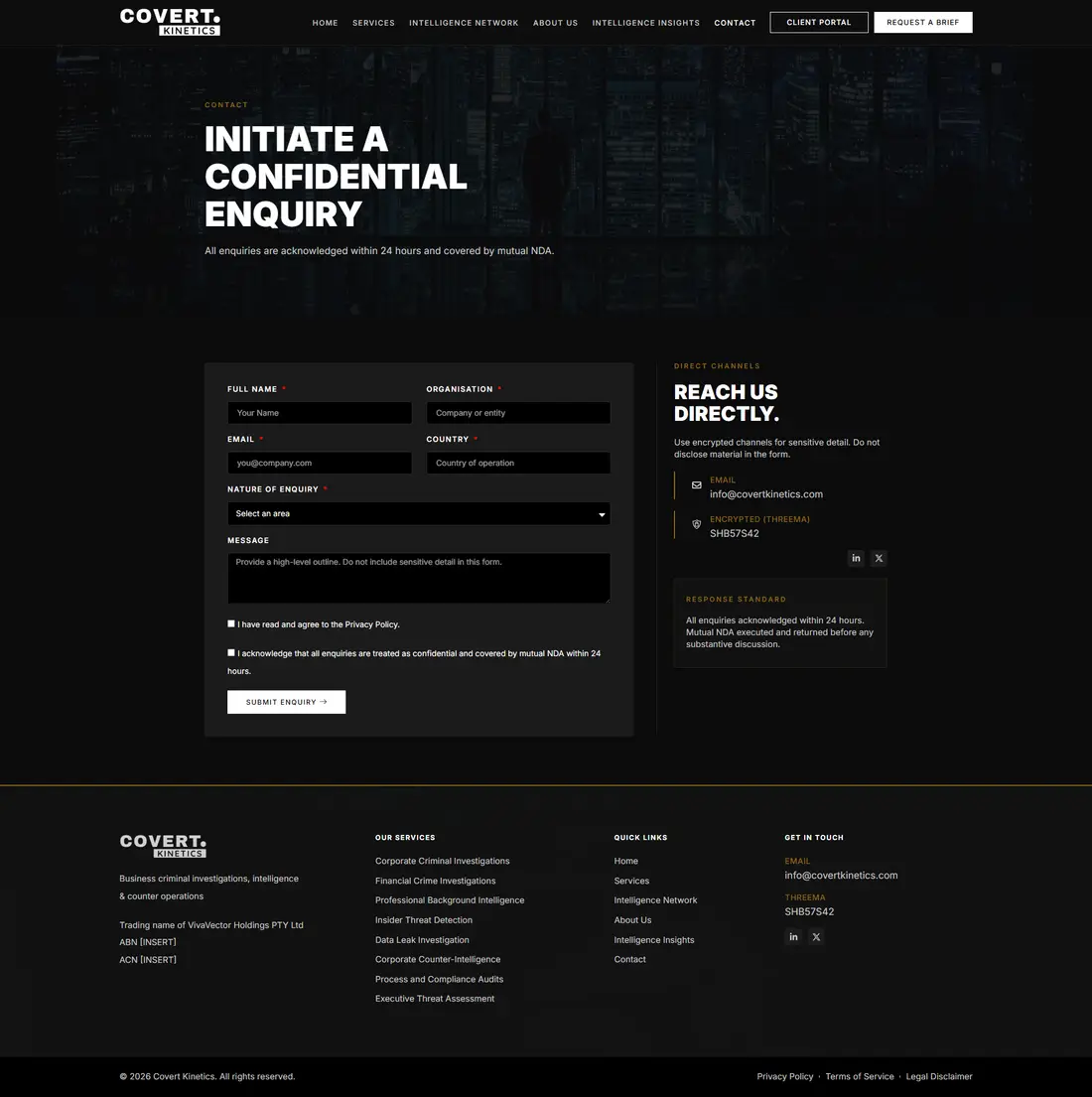 Covert Kinetics — Page 2 page design