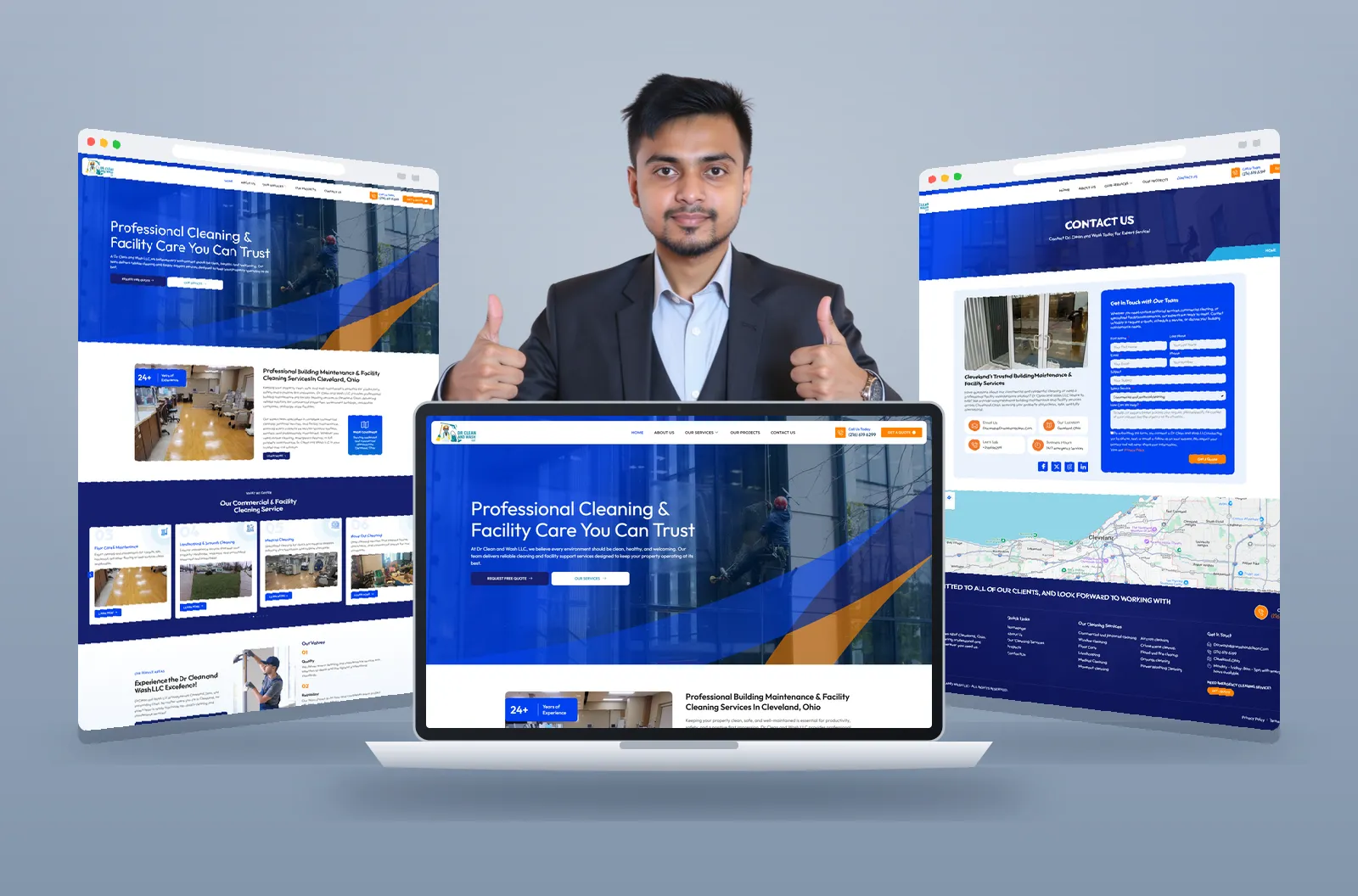 Dr Clean and Wash website shown on laptop and browser mockups