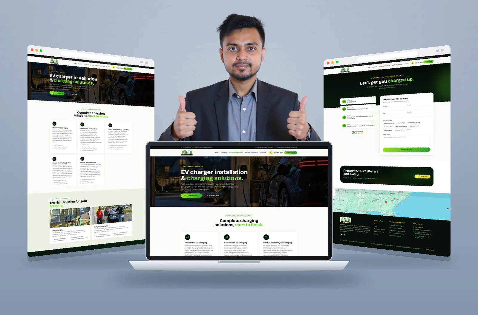 EV Power Solutions website shown on laptop and browser mockups