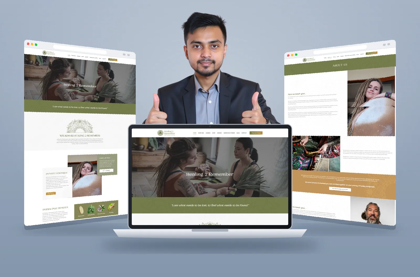 Healing2Remember website shown on laptop and browser mockups