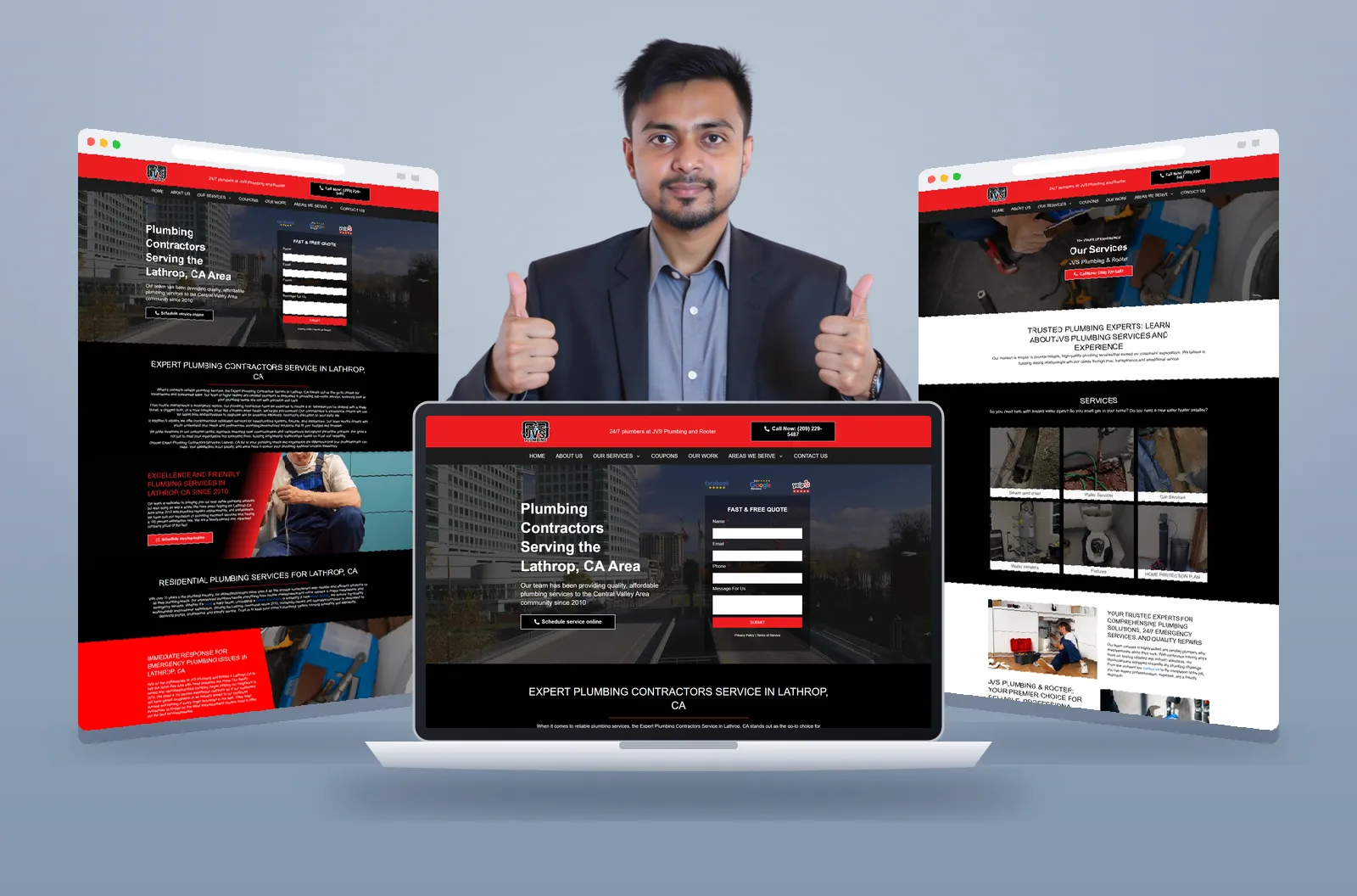 JVS Plumbing Contractors website shown on laptop and browser mockups
