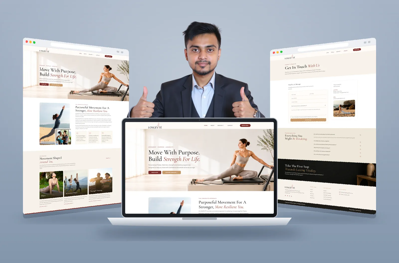 Longévité website shown on laptop and browser mockups