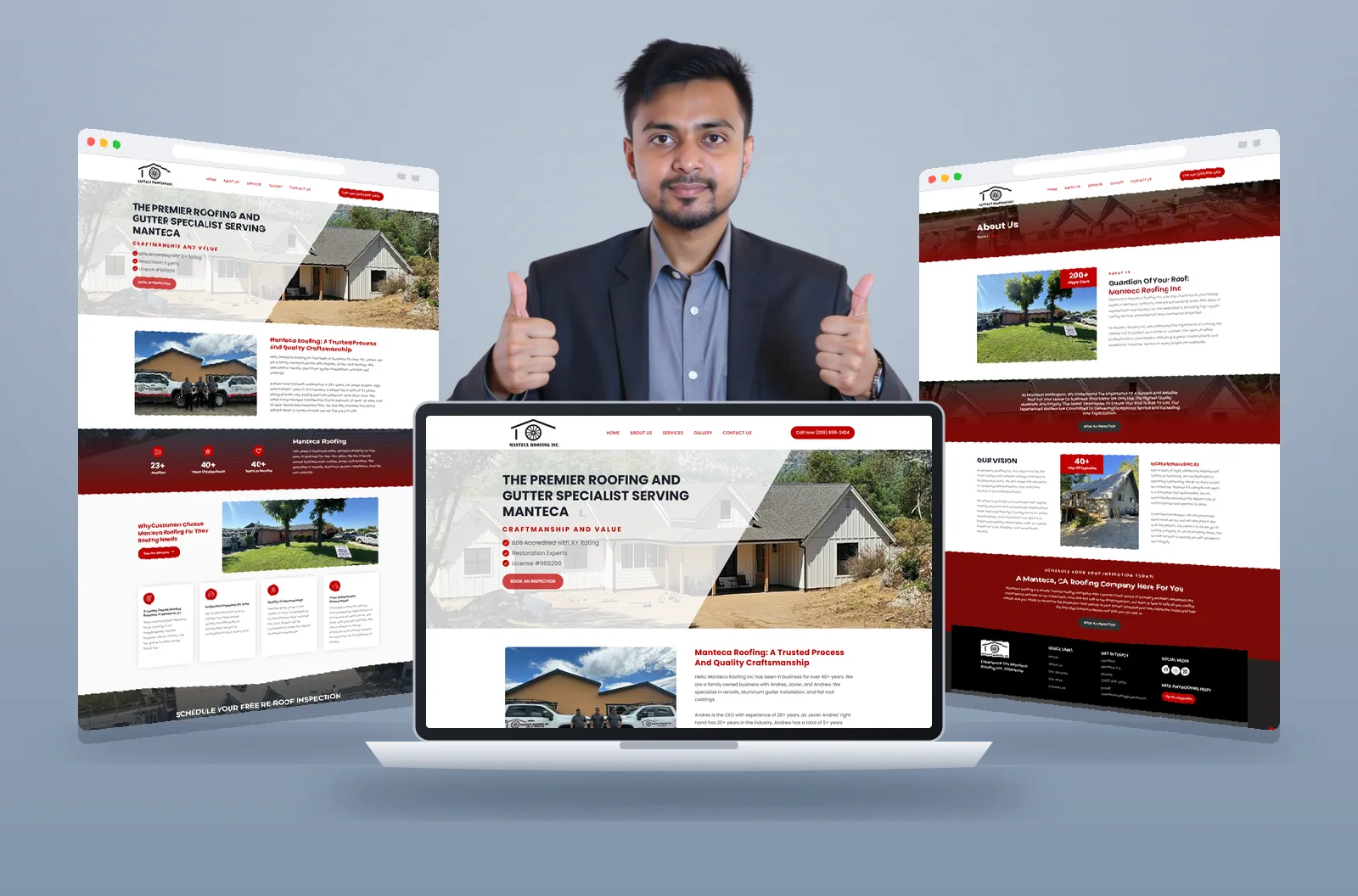 Manteca Roofing website shown on laptop and browser mockups