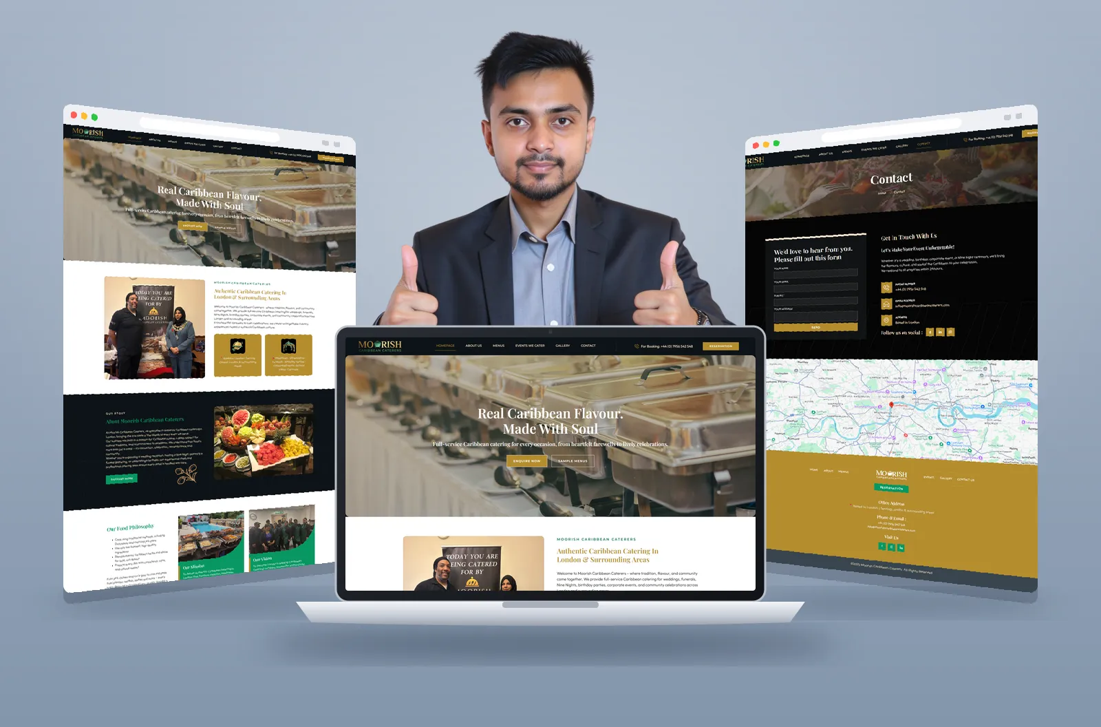 Moorish Caribbean Caterers website shown on laptop and browser mockups
