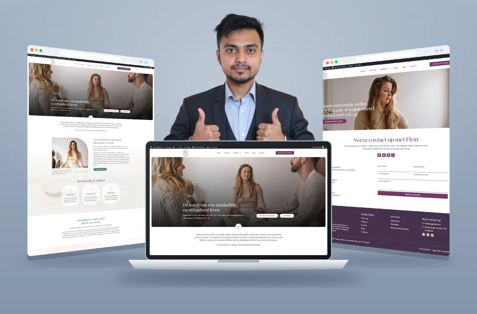 Opgefleurd Healing website shown on laptop and browser mockups