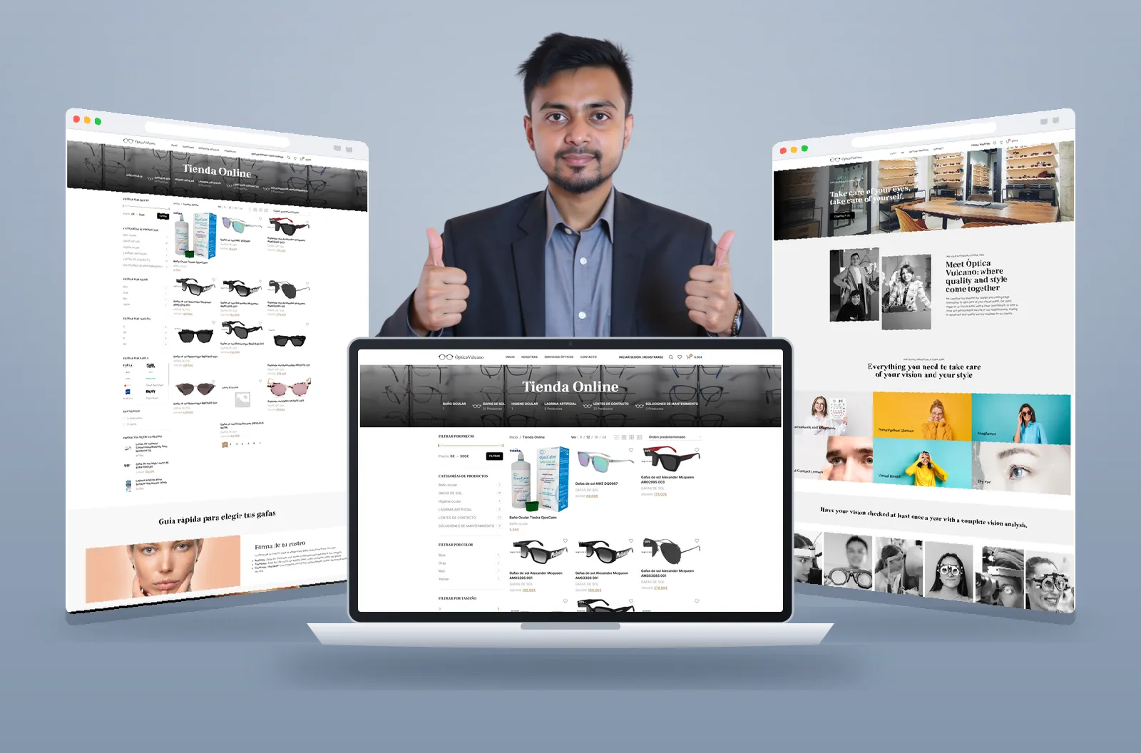 Óptica Vulcano website shown on laptop and browser mockups