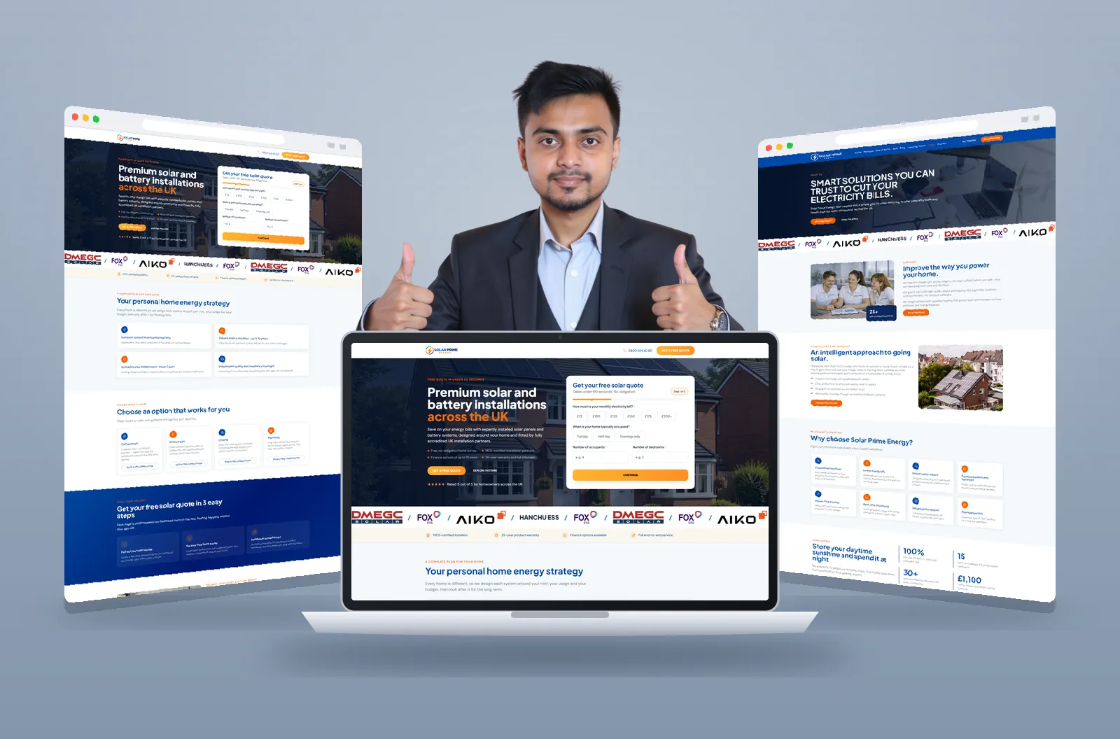 SolarPrime website shown on laptop and browser mockups