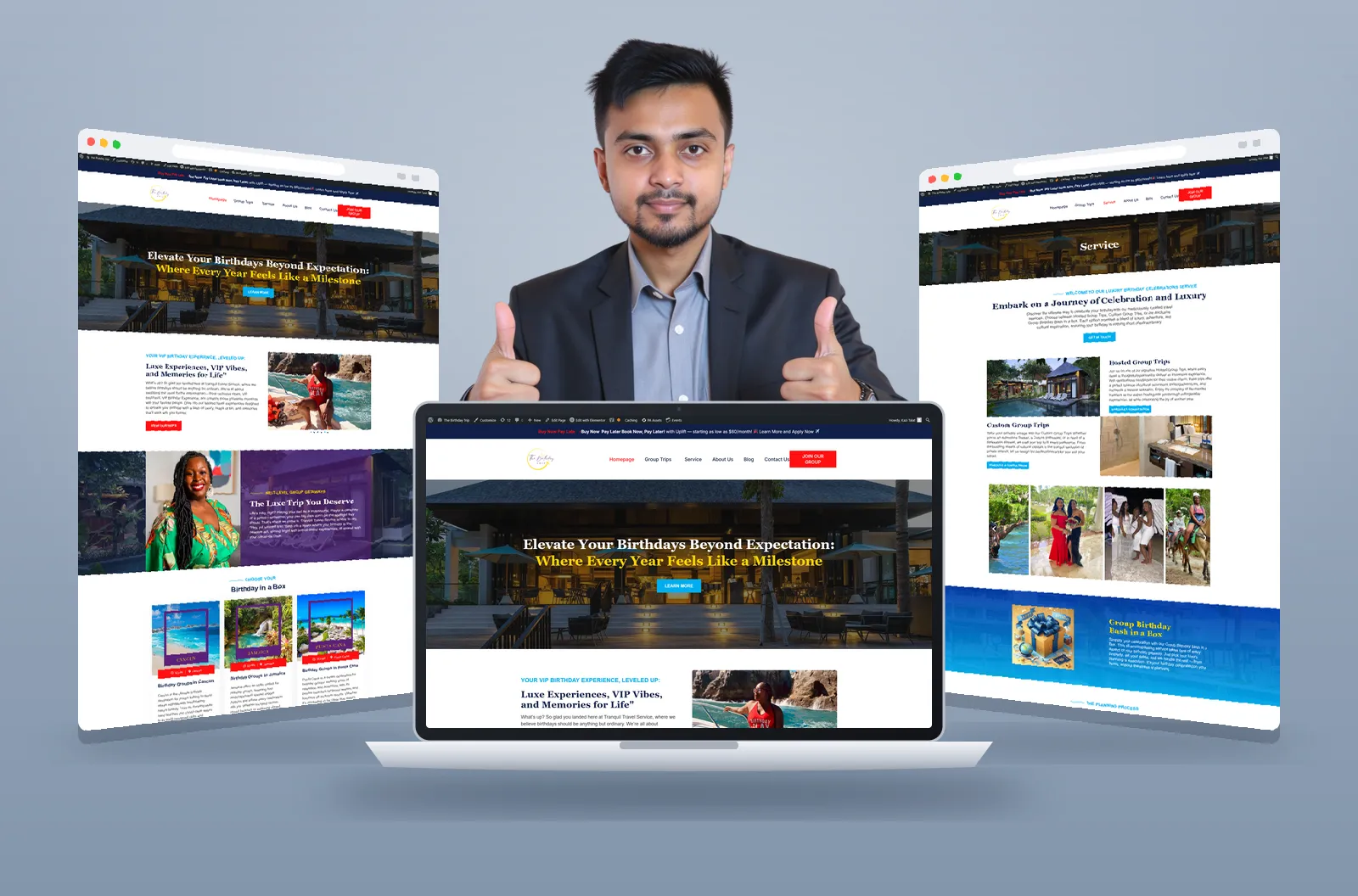 The Birthday Trip website shown on laptop and browser mockups