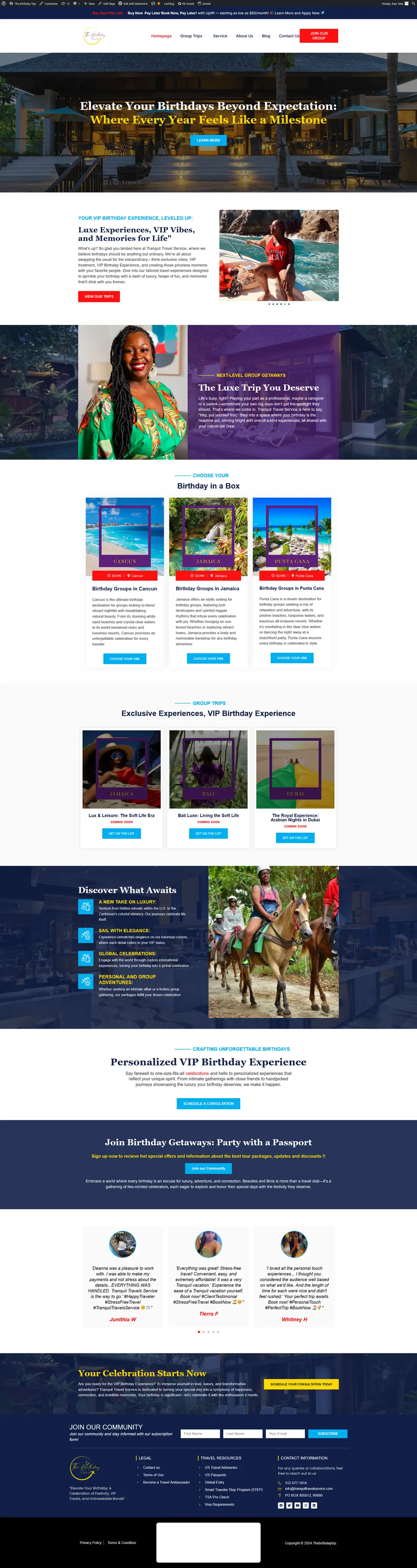 The Birthday Trip — Homepage page design